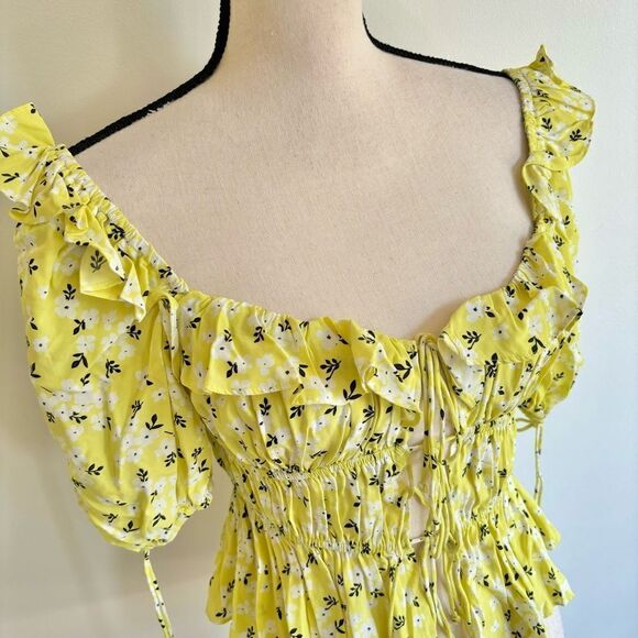 For Love & Lemons Chrysanthemum Floral Tie Front Short Sleeve Top Sz XS - Picture 5 of 10